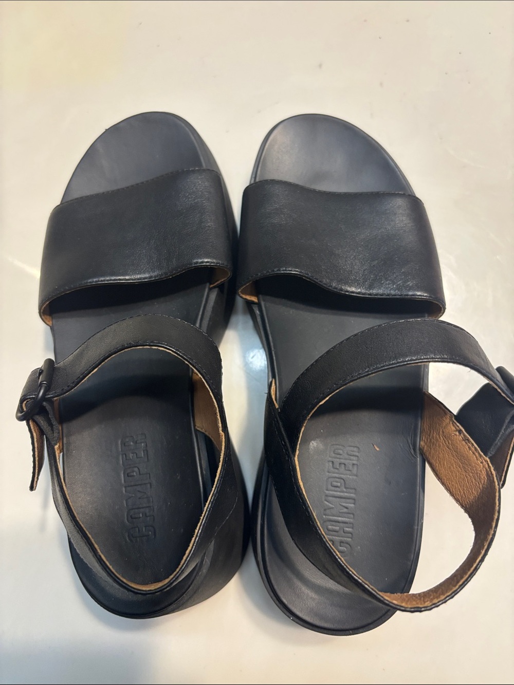 Camper Tasha Black Leather Two-Strap Buckle Sandals for Women